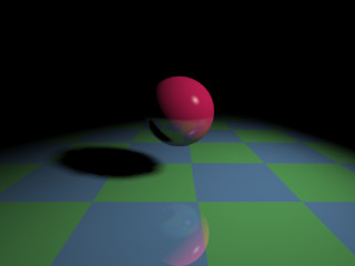 3D rendered image of a red shiny, reflective ball, floating over a green/blue checkboard plane.